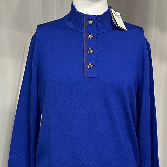 New Small Polo Ralph Lauren Leather Trimmed Royal Blue Quarter Button Sweater - Picture 3 of 7